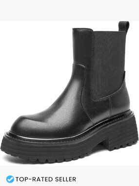 Platform Chelsea Boots Chunky Genuine Leather Elastic Ankle Boots Slip-on